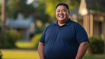 Confident Southeast Asian Man in MidAge Smiling Outdoors in a Casual Setting Perfect for Brochures, Website Designs photo
