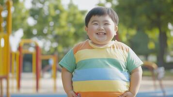 Joyful East Asian Child Smiling in Colorful Outfit at Playground on Sunny Day, Perfect for Design, Print, Card, Poster photo