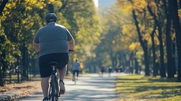 Obese Man Riding a Bicycle in Park, Outdoor Exercise for Health and Wellness, Autumn Day in Nature photo
