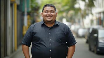 Portrait of a Smiling Young Indonesian Man in Casual Street Setting for Diverse Lifestyle and Fashion Concepts photo