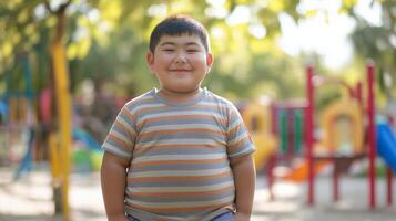 Joyful Central Asian Boy Enjoying a Sunny Day in a Colorful Playground, Perfect for Child Happiness Themes photo