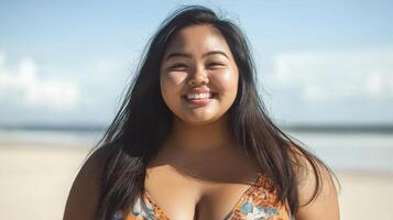 Southeast Asian Young Woman Smiling at the Beach on a Sunny Day Perfect for Vacation Themes and Diverse Representation in Marketing photo