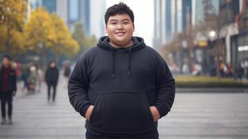 Portrait of a Smiling Teenage Boy in Casual Hoodie on a City Street with Trees and Buildings in the Background photo