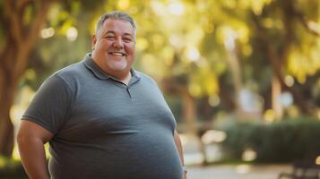Joyful Overweight MiddleAged Man Enjoying a Bright Sunny Day in the Park photo