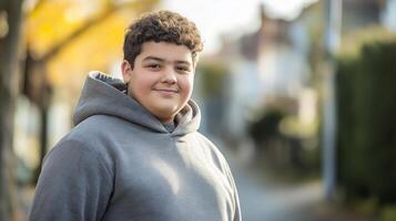 Portrait of a Teenage Boy in a Gray Hoodie Outside on a Sunny Day, Representing Diversity and Youth photo