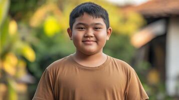 Portrait of a Smiling Indonesian Teenage Boy in Brown TShirt Outdoors with Nature in Background Perfect for Cultural and Diversity Representation photo