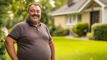 MiddleAged Man Smiling in Front of House, Lush Backyard, Casual Attire, Summer Day photo