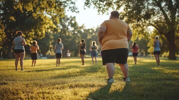 Group Exercise in a Park During Golden Hour, Diverse Individuals Participating in Outdoor Fitness Routine, Health and Wellness Scene for Design and Marketing photo