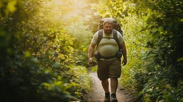 Nature Trail Hiking Journey of a PlusSize Man with Backpack on a Sunlit Forest Path photo