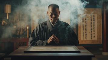 Meditative Confucian Man in Traditional Robe with Smoke in Tranquil Temple Setting for Cultural Poster Design photo