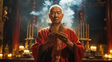 Taoist Monk Performing Ritual with Incense in Traditional Robes in a Dimly Lit Temple Setting photo