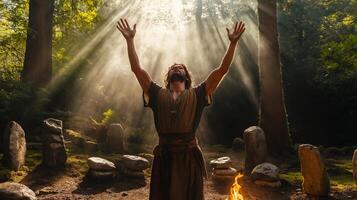 Ancient Pagan Ritual in a Forest Setting with Sunlight Filtering Through Trees, Celebrating Nature Worship photo