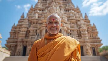 Hindu Priest in Traditional Attire Standing in Front of Ancient Temple, Ideal for Travel and Cultural History Prints, Posters photo