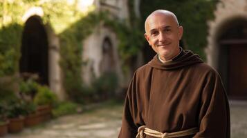 Capuchin Friar in Courtyard, Monk in Brown Robe, Outdoor Monastery Setting, Religious Lifestyle, Diverse Priest photo