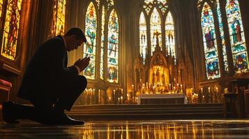 Man in Formal Attire Kneeling in Prayer at Church with Stained Glass Windows photo