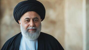 Portrait of a MiddleAged Shiite Muslim Cleric in Traditional Attire for Diversity and Cultural Representation photo