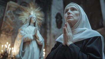 Devout Italian Nun Praying in a Candlelit Church with Holy Statue in the Background, Perfect for Religious, Spiritual Themed Designs photo