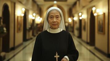 Pensive Nun in a Monastery Hallway, Reflecting Serenity and Devotion, Ideal for Religious, Spiritual, and Inspirational Projects photo
