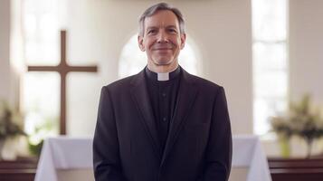 Protestant Minister Standing in Front of Altar with Cross, Religious Setting, Spiritual Guidance and Faith Community photo