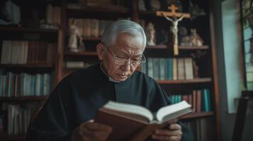 Elderly Filipino Priest Reading in a Library with Religious Artifacts and Books for Study, Worship, and Reflection photo