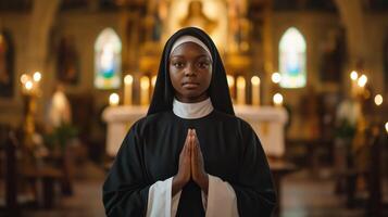 Young Afro American Catholic Nun in Reverent Prayer Inside Church, Perfect for Religious Posters or Devotional Designs photo