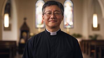 Middle Aged Asian Protestant Clergyman Standing Inside Church, Smiling with Stained Glass Windows in Background for Religious Publication Design photo
