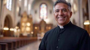 Hispanic Catholic Priest Smiling Warmly Inside a Church, Suitable for Religious Themes, Faith, and Community Concepts photo