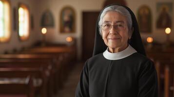 Middleaged Hispanic Nun Smiling Confidently in a Church Setting for Religious themes, Diversity, and Community Representations photo