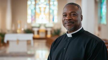 Portrait of Confident MiddleAged Nigerian Priest Smiling in Bright, Peaceful Church for Religious and Cultural Diversity Themes photo