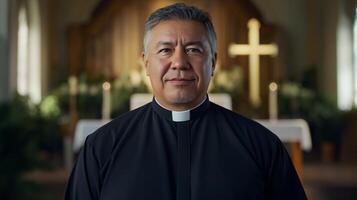 Middle Aged Hispanic Male Protestant Minister in Church Setting with Wooden Cross in Background photo