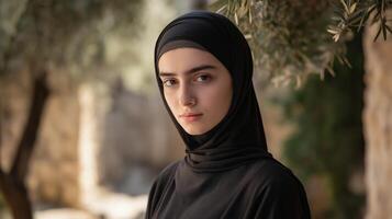 Young Greek Orthodox Nun in Monastic Courtyard, Serene and Contemplative Expression, Ancient Monastery Setting, Religious Devotion, Peaceful Atmosphere photo