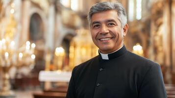 Hispanic Catholic Priest in Traditional Clerical Attire Smiling Warmly in Historic Church Setting photo