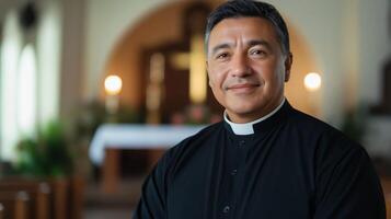 Warm Smiling MiddleAged Hispanic Protestant Minister in Church Setting Ideal for Religious and Community Themes photo