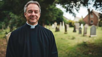 Middle Aged British Anglican Clergyman in Black Robe Standing in Churchyard, Suitable for Religious, Cultural, and Educational Projects photo