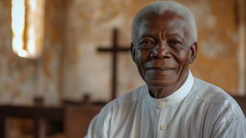 Portrait of a Gentle Smiling Elderly Nigerian Man in Traditional White Attire Inside a Church for Cultural and Religious Concepts photo