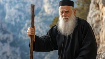 Elderly Greek Orthodox Priest in Traditional Black Robe Holding Staff in Serene Mountain Landscape photo