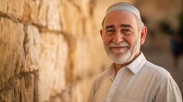 MiddleAged Man with Kippah Smiling in Front of Historic Stone Wall, Jerusalem, Suitable for Travel and Cultural Themes photo