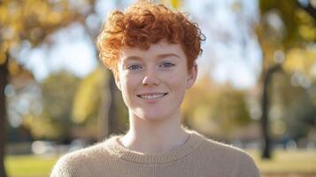 Autumn Outdoor Portrait of Smiling NonBinary Person with Short Curly Red Hair and Freckles, Perfect for Diversity and Inclusion Imagery photo