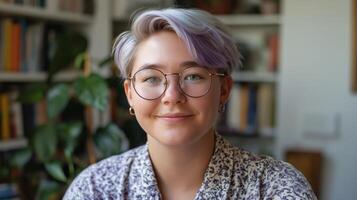 Non Binary Individual with Lavender Hair and Glasses, Smiling at Home with Books in Background photo