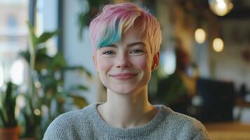 Confident NonBinary Individual with Pastel Rainbow Bob Hairstyle in Cozy Cafe Setting for Diversity and Inclusivity photo