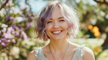 Woman with Short Wavy Lavender Hair Smiling in a Sunlit Garden, Perfect for Spring and Summer Themes, NatureFocused Design for Print, Card, Poster photo