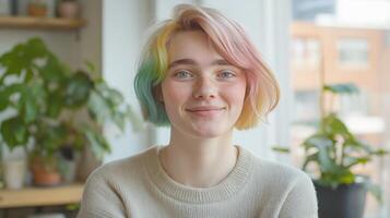 Diverse NonBinary Individual with Pastel Rainbow Bob Hairstyle, Vibrant Indoor Background, Ideal for Diversity and Inclusion Concepts photo