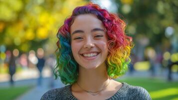 Diverse Smiling NonBinary Individual with Colorful Rainbow Curls Outdoors, Perfect for Inclusivity Campaigns photo