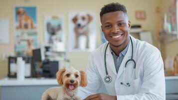 Smiling African American Veterinarian with Small Dog in Clinic for Design, Print, Card, Poster, Stock Photography photo