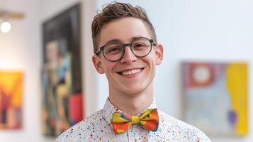 Contemporary Art Gallery Visitor with Colorful Bowtie and Glasses Abstract Artwork in Background Design for Print, Card, Poster photo
