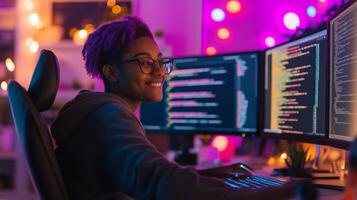 NonBinary Coder Working Late Night at Home Office with Colorful Neon Lights, Programming on Multiple Monitors, Tech Enthusiast photo