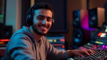 Middle Eastern Man Working in Music Production Studio with Headphones, Audio Equipment, and Monitors, Ideal for Technology and Sound Design photo