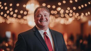 Joyful Middleaged Man with Down Syndrome Attending a Festive Evening Event in Elegant Attire photo