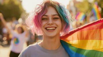 NonBinary Individual with Pastel Rainbow Hair Celebrating LGBTQ Pride with Rainbow Flag at Public Event photo