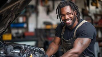 Smiling Mechanic with Dark Complexion and Dreadlocks Working on Car in Auto Repair Shop photo